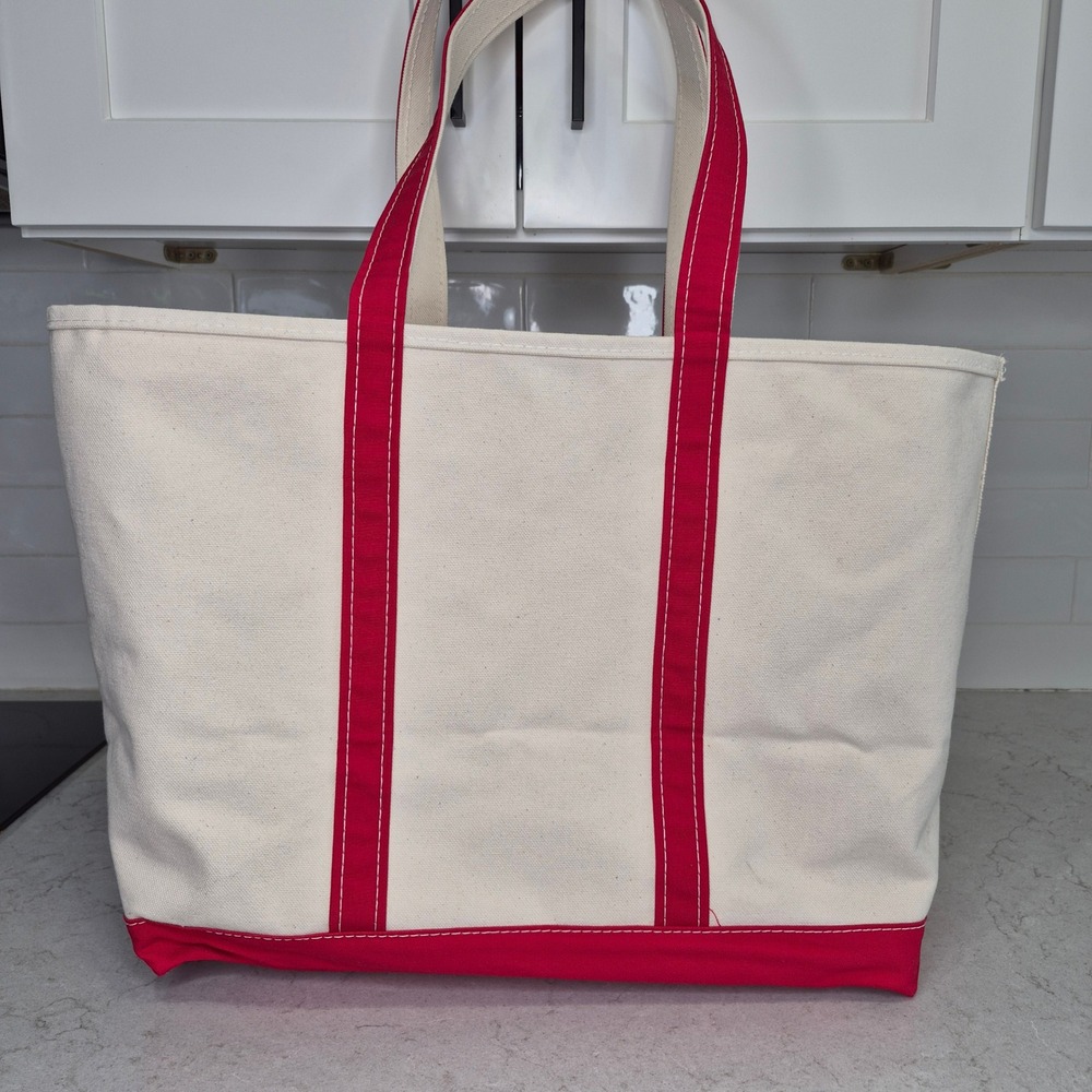 Vintage L.L. Bean Boat And Tote Canvas Bag Large Red Cream 90s